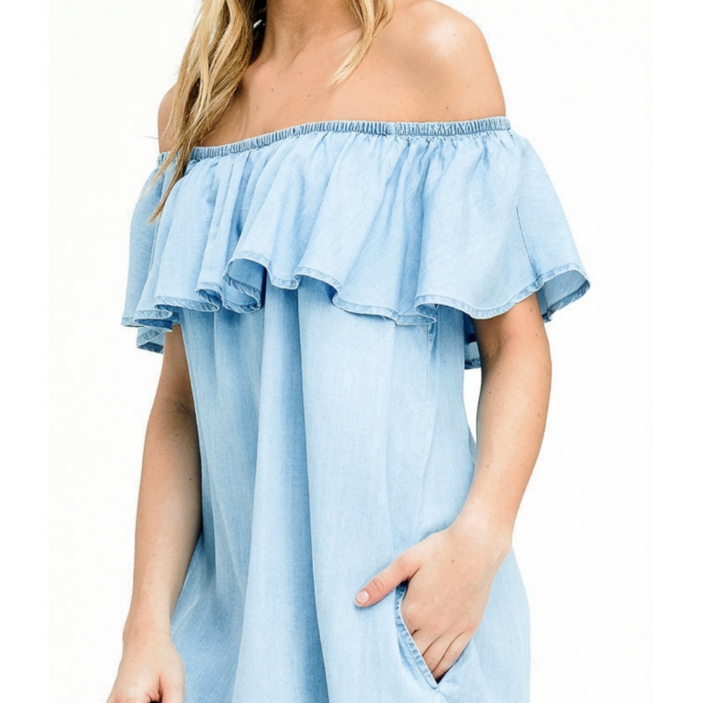 Last☝️Blue Chambray Ruffle Off Shoulder CUTE Dress - Picture 2 of 6